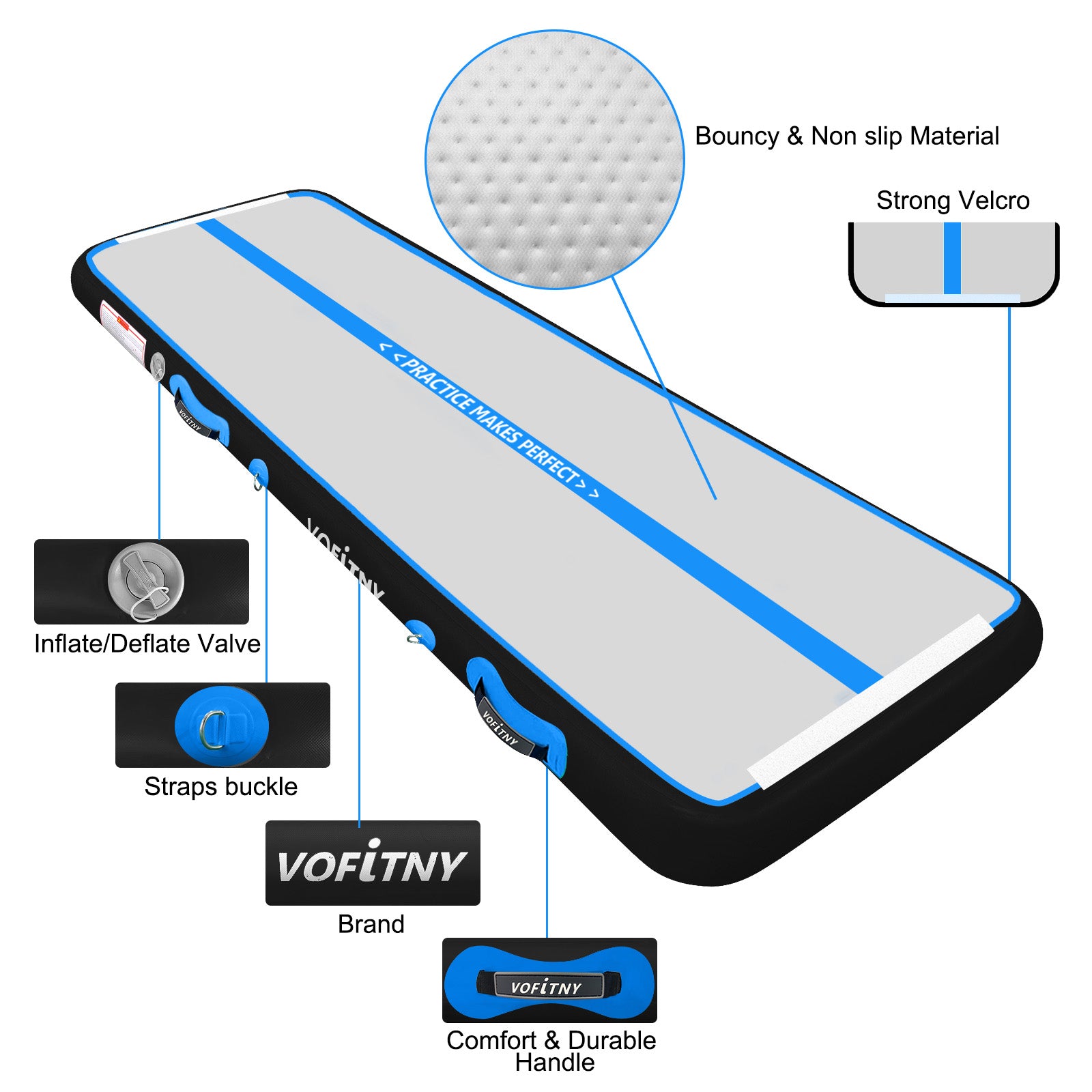 10 FT Black / Blue Air Track Tumbling Mat