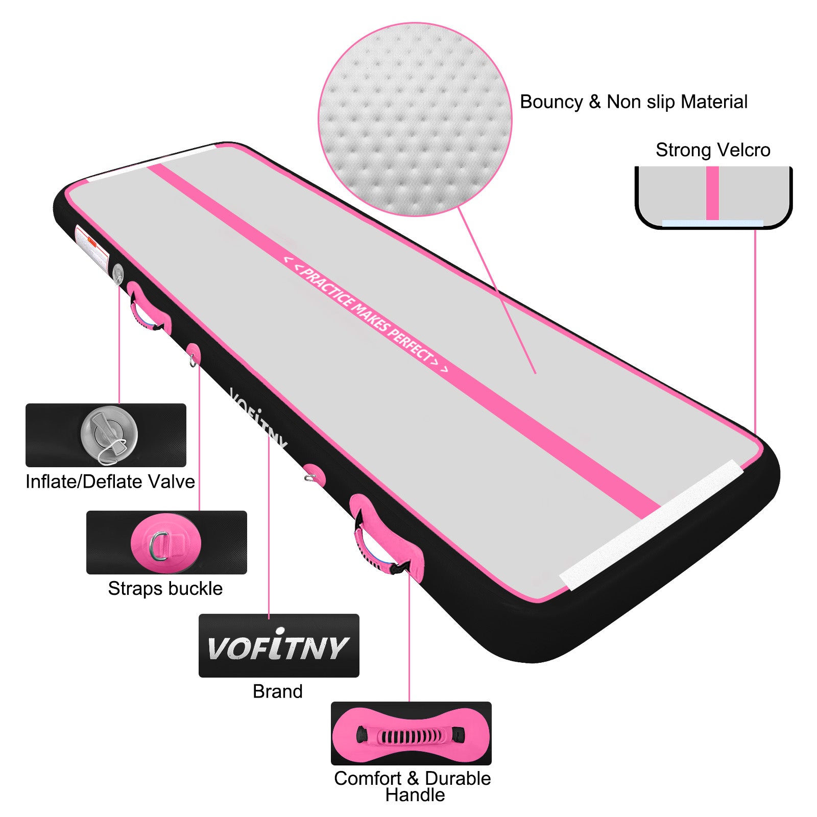 10 FT Black/Pink Tumbling Mat For Home Air Mat For kids